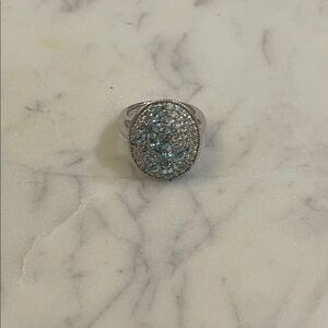 Elegant Silver 3.4C white and Blue Zircon cocktail  Ring size 6 or 7